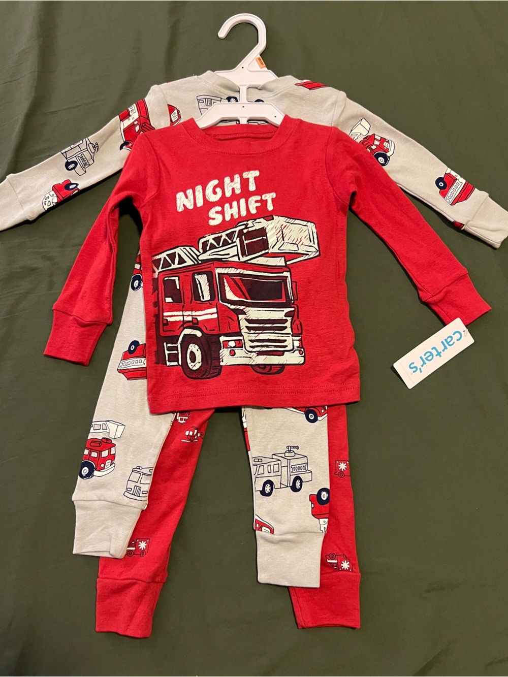 Two Pairs of Carter's Red and Gray Fire Truck Pajama Sets Size 12M.